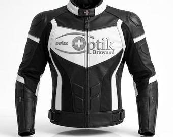 Chaqueta de moto de cuero para hombre, color blanco y negro, estilo motociclista de carreras, ajuste personalizado.