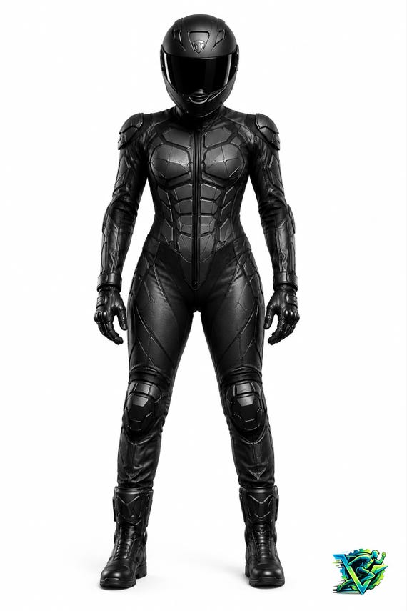 Women's Black Leather Motorcycle Racing Suit | Futuristic Armored Biker Gear (One Piece)