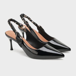 Handmade Classic Black Leather Slingback Pumps-Stiletto High Heels-Kitten Heel-Pointed Toe Special Occasion Shoes-Elegant shoes for Women