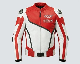 Chaqueta de moto de cuero roja y blanca, para hombre y mujer, equipamiento para motociclistas de carreras y de calle.