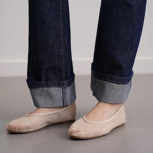 Handmade Beige Mesh Flat Mary Janes with Closed Toe, Leather Insole, Transparent Women Mary Jane Shoes, Sheer Fishnet Ballet Shoes