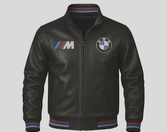 Chaqueta de cuero BMW M Power Varsity / Bomber de piel de vacuno negra estilo motero