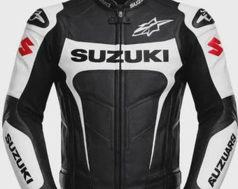 Chaqueta de moto de cuero Suzuki Racing / Negro Blanco CE Armor Moto Gear