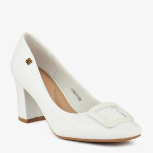 Ivory Block Heel Wedding Pumps – Square Toe Buckle Detail Shoes – Bridal White Heels for Women – Elegant Synthetic Leather Pumps