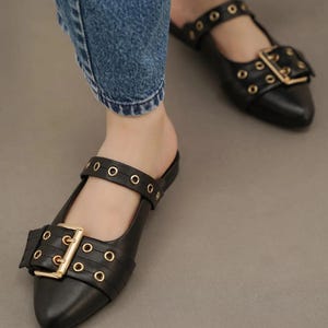Handmade Vintage Black Leather Mules: Pointed Toe Heeled Slides