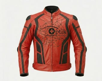 Chaqueta de moto de cuero rojo, estilo competición, protecciones CE, piel de vacuno, detalles de alta visibilidad.