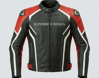 Black Red Leather Motorcycle Jacket Mens | Superbike Racing Jacket CE Armor | Biker Riding Gear | Premium Cowhide Leather | VeloxGear