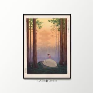 Totoro at Nikko Ukiyo-e Print – Studio Ghibli x Ito Yuhan Mashup Poster Featuring Pagoda Scene in Vintage Japanese Anime Art Style