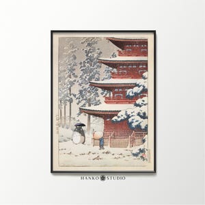 Totoro at the Temple Print – Studio Ghibli x Kawase Hasui Mashup Poster Featuring Saishoin in Hirosaki – Japanese Anime Wall Art