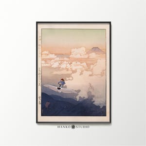 Nausicaa Print – Komagatake Mountain Mashup with Studio Ghibli Heroine in Hiroshi Yoshida Woodblock Style – Anime Nature Poster