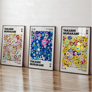 Takashi Murakami Print 3er-Set – Bunte Blumenmuster Poster – Japanisches Pop Art Wanddekor im Ausstellungsstil