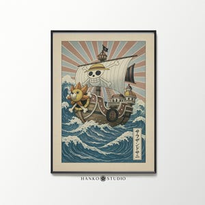 Póster Ukiyo-e de One Piece Ship: Impresión de estilo tradicional japonés de Luffy en Going Merry o Thousand Sunny – Decoración de pared de anime