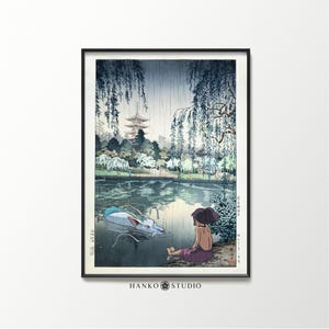 Spirited Away Poster – Chihiro and Haku at the Lake in Tsuchiya Koitsu Temple Scene – Ghibli x Japanese Woodblock Ukiyo-e Print Mashup