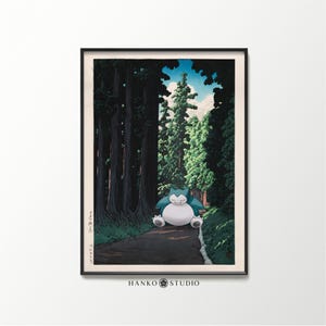 Snorlax Poster in Road to Nikko Remix - Pokemon x Hiroshi Yoshida Japanese Art - Vintage Landscape Mashup