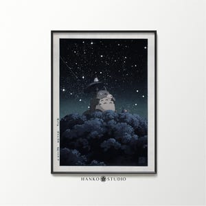 Totoro Sternennacht Print – Studio Ghibli x Ukiyo-e Mashup mit traditioneller japanischer Nachthimmel Kunst – Verträumtes Anime Poster