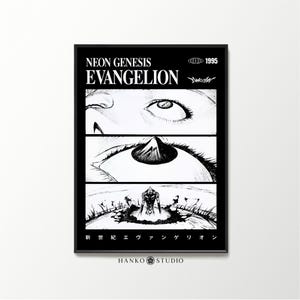 Póster de Evangelion, escena icónica, arte mural de anime Neon Genesis, impresión estética mecha vintage de los 90, fan art.