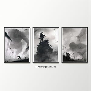 Set di poster di Attack on Titan - 3 stampe di scene di battaglia epiche in stile illustrazione digitale - AOT Anime Wall Art Against Titans