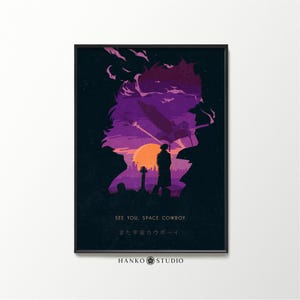 Póster de Cowboy Bebop morado de 1998, arte de pared de anime retro de Spike Spiegel y su equipo, impresión de anime japonés, decoración estética imprimible