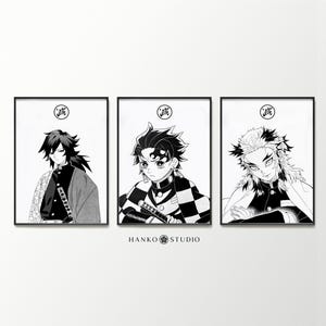Demon Slayer Poster Set of 3  – Giyū, Tanjirō & Rengoku in Manga Black and White Ink Style – Anime Wall Art for Shonen Fans 3 Digital Prints