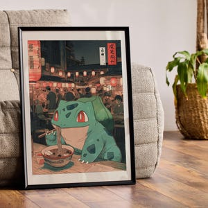 Impresión ukiyo-e de Bulbasaur: escena callejera de ramen al estilo de Kawase Hasui. Póster japonés de Pokémon con aires de arte tradicional.