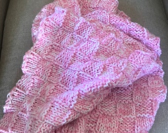Knit Smaller baby blanket, pink and white acrylic yarn (smaller) 27x27