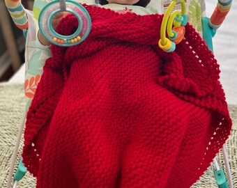 Hand Knit Red Baby Blanket: Chunky Acrylic Receiving Blanket (24x24)