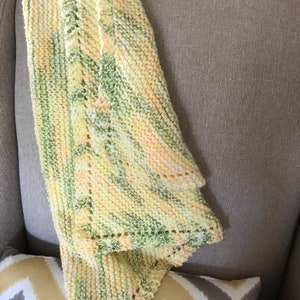 Hand Knit Baby Blanket: Soft Acrylic Yellow & Green, 26x26