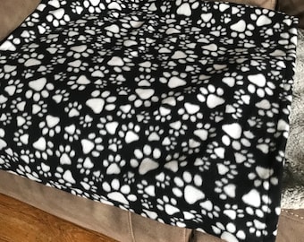 Fleece cat or dog blanket (small) 27x28 black with white pet paws