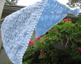 knit Mini blanket, acrylic yarn (blue and white) 17x20