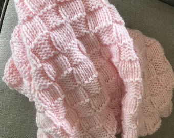 Pink knit baby blanket, premium acrylic yarn  (smaller size) 27x27