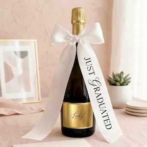 Custom Just Graduated Bow, Grad Wine Ribbon, Class of 2026 Gifts, Champagne Tie, College Grad Decor, Personalized Bottle Wrapping Ribbon