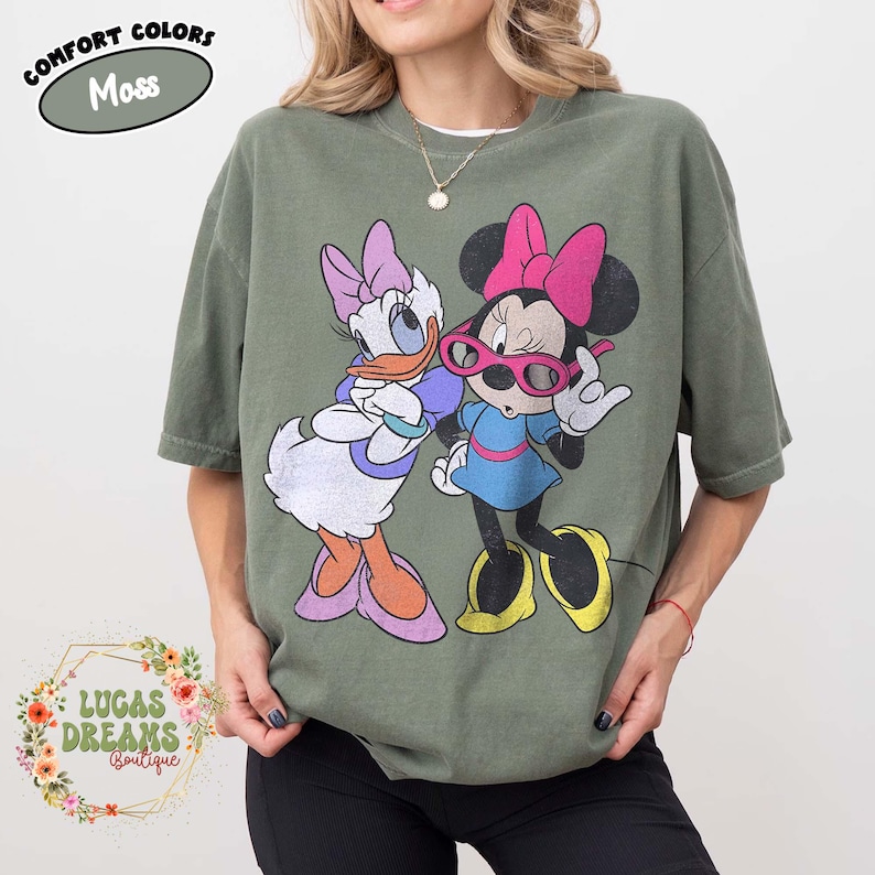 Retro Minnie Daisy Shirt, Vintage Disney Friends Tee, Comfort Colors White Disney Graphic Tee, Disney Trip Shirt, Best Friend Gift Tee Moss/Military Green