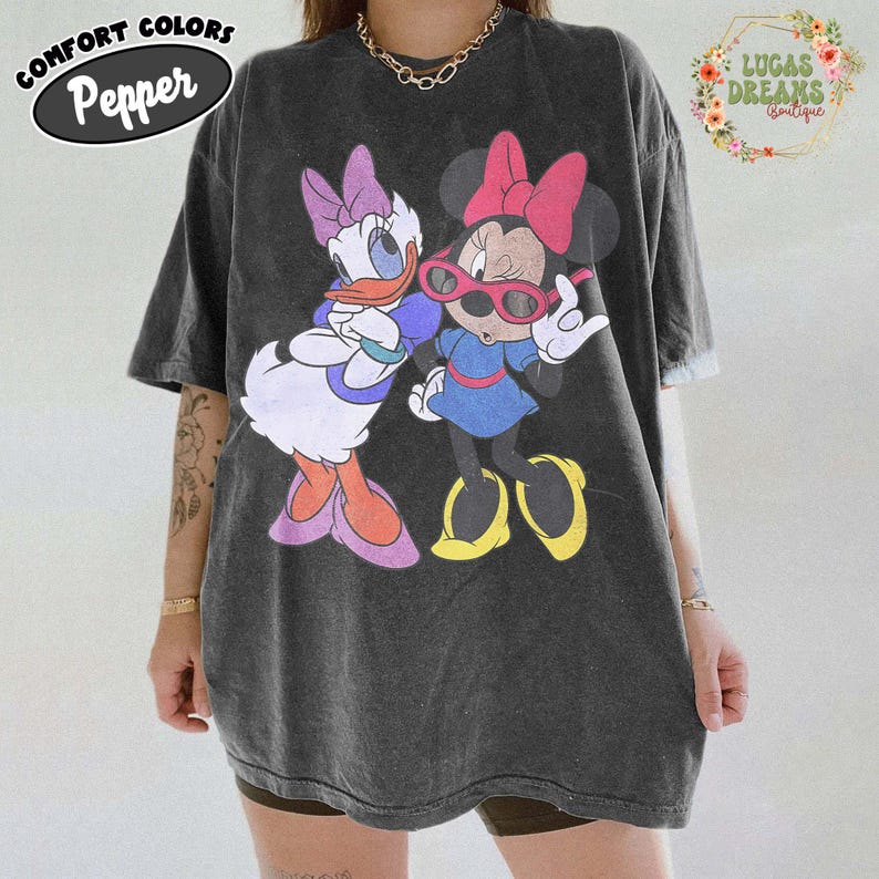 Retro Minnie Daisy Shirt, Vintage Disney Friends Tee, Comfort Colors White Disney Graphic Tee, Disney Trip Shirt, Best Friend Gift Tee Pepper/Dark Heather