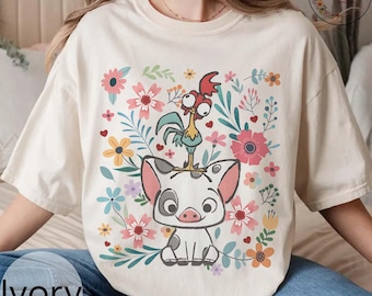Camiseta retro de colores cómodos de Moana Pua Hei Hei, camiseta floral de la princesa Moana, camiseta para viajes familiares de Disney, atuendo de Disneyland, camiseta de Disney World
