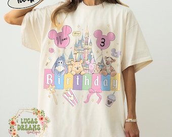 Camiseta de aniversário do Ursinho Pooh, camiseta personalizada com nome, idade e castelo.