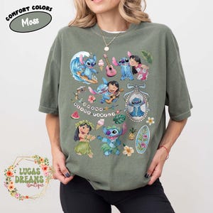 Retro Coquette Bow Lilo and Stitch Comfort Colors shirt, Disney Stitch Shirt, Magic Kingdom Shirt, Disneyland Shirt, Girly Women Disney Trip Moss/Military Green