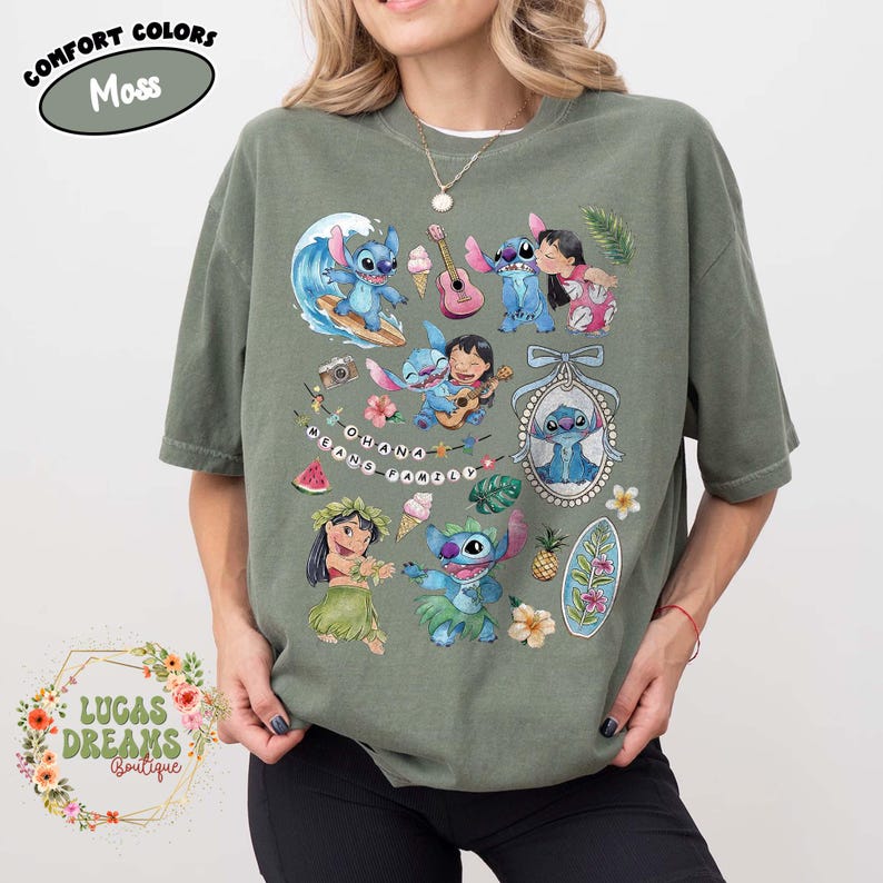 Retro Coquette Bow Lilo and Stitch Comfort Colors shirt, Disney Stitch Shirt, Magic Kingdom Shirt, Disneyland Shirt, Girly Women Disney Trip Moss/Military Green