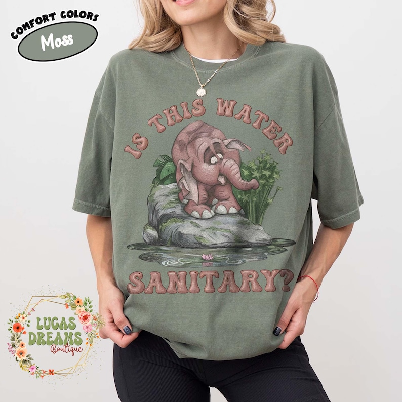 Retro Is This Water Sanitary Shirt, Disney Tarzan 1999 Movie, Elephant Tantor Looking At Water Tee, Animal Kingdom Safari Shirt Moss/Military Green