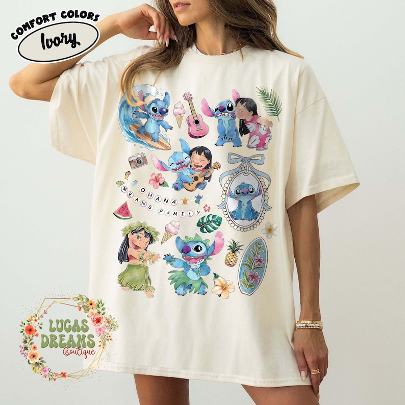 Retro Coquette Bow Lilo and Stitch Comfort Colors shirt, Disney Stitch Shirt, Magic Kingdom Shirt, Disneyland Shirt, Girly Women Disney Trip Ivory/Natural/Sand