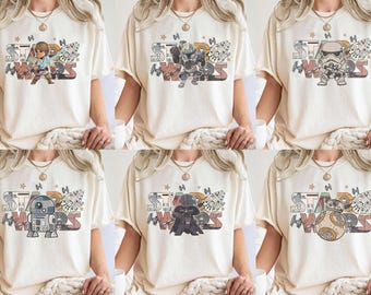 Comfort Colors® Star Wars-shirt, retro T-shirt met Star Wars-personages, Luke Skywalker Darth Vader Stormtrooper R2D2 BB8-shirt, T-shirt Disney Trip