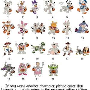 May include: A collection of 22 cartoon character illustrations, each holding a jack-o'-lantern. Characters include Mickey Mouse, Donald Duck, Winnie the Pooh, and others, all in Halloween costumes. Text at the bottom reads: "If you want another character, please enter that Disney's character name..."