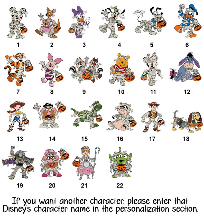 May include: A collection of 22 cartoon character illustrations, each holding a jack-o'-lantern. Characters include Mickey Mouse, Donald Duck, Winnie the Pooh, and others, all in Halloween costumes. Text at the bottom reads: "If you want another character, please enter that Disney's character name..."