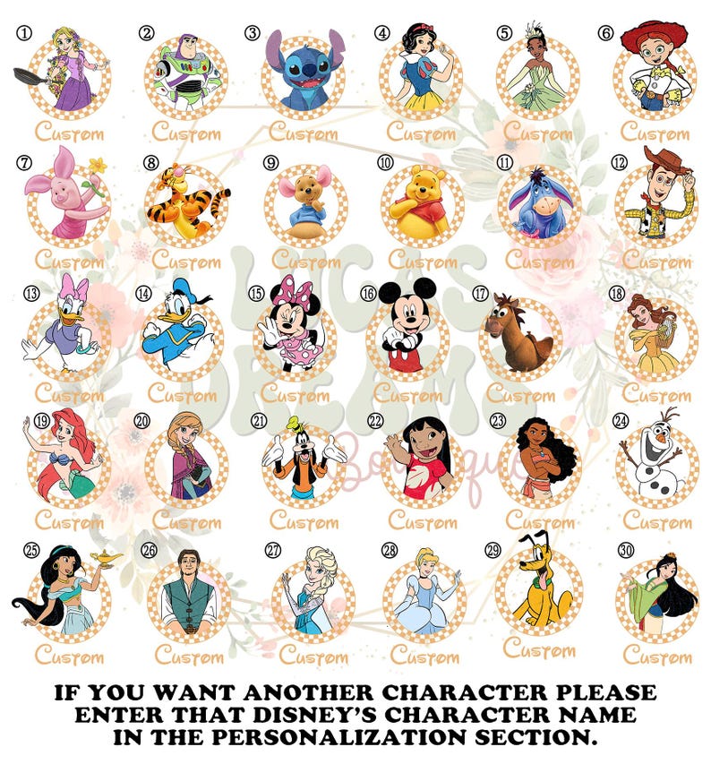 Puede incluir: Una colecci&oacute;n de 30 dise&ntilde;os circulares de personajes de Disney. Cada dise&ntilde;o presenta un personaje diferente sobre un fondo estampado, con la palabra "Custom" debajo. El texto en la parte inferior dice: "IF YOU WANT ANOTHER CHARACTER PLEASE ENTER THAT DISNEY'S CHARACTER NAME IN THE PERSONALIZATION SECTION."