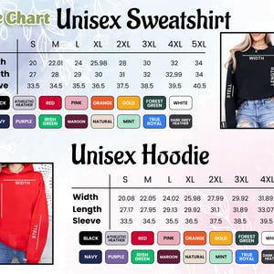 May include: Size chart for unisex sweatshirts and hoodies, displaying measurements in inches for width, length, and sleeve length. Includes color swatches for various options like black, red, and navy.