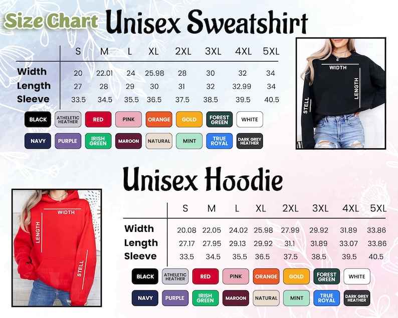 May include: Size chart for unisex sweatshirts and hoodies, displaying measurements in inches for width, length, and sleeve length. Includes color swatches for various options like black, red, and navy.