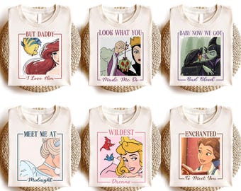 Vintage Disney Princess Lyrik Shirt, Retro Märchen T-Shirt, Ariel Cinderella Aurora Belle Maleficent Böse Königin Shirt, Geschenk für Geburtstagskind