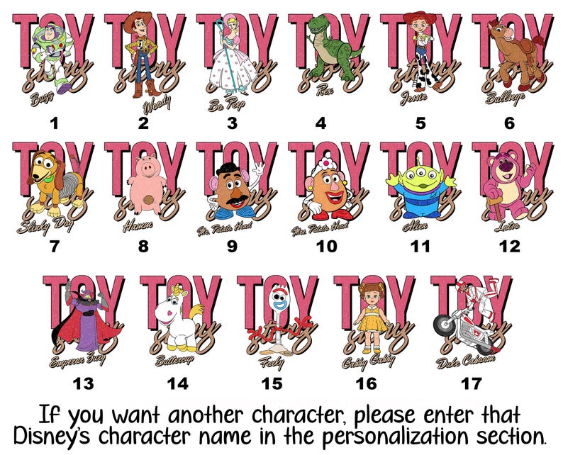 Peut inclure: Une collection de personnages de dessins anim&eacute;s color&eacute;s du film Toy Story, dont Buzz, Woody, Bo Peep, Rex, Jessie et Bullseye. Chaque personnage est &eacute;tiquet&eacute; avec son nom et un num&eacute;ro. Le texte "Toy Story" est affich&eacute; au-dessus de chaque personnage.