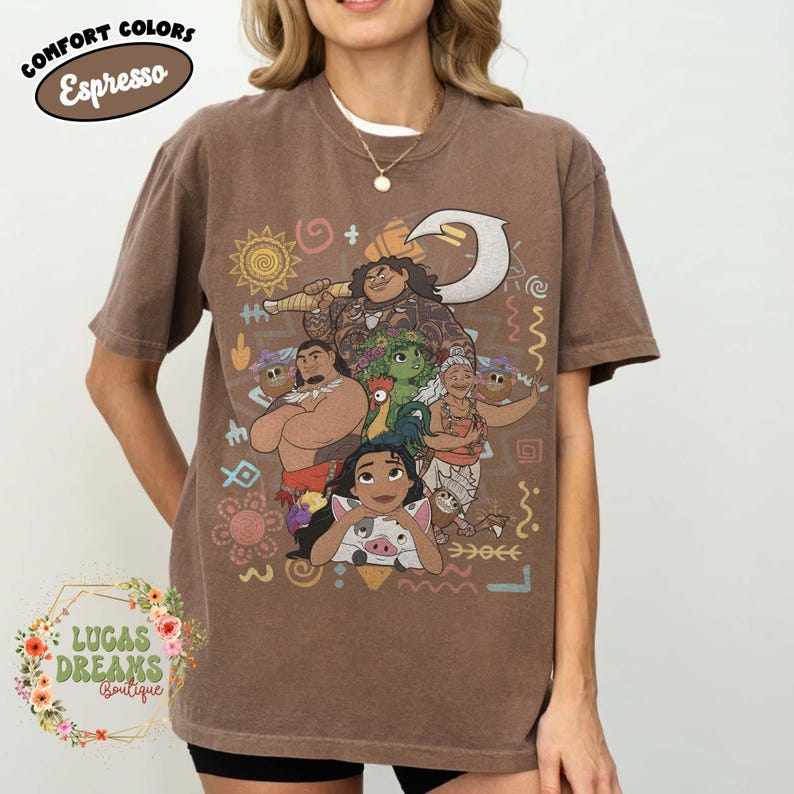 Vintage Disney Moana Pua Pig Shirt, Retro Hei Hei Maui Ocean Tee, Magic Kingdom Birthday Girl Outfit, Walt Disney World Family Matching Gift Espresso