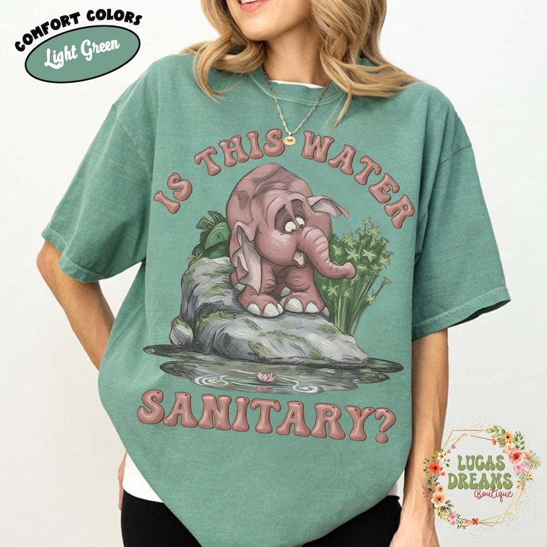 Retro Is This Water Sanitary Shirt, Disney Tarzan 1999 Movie, Elephant Tantor Looking At Water Tee, Animal Kingdom Safari Shirt Light Green