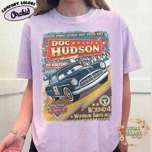 Vintage Cars Movie Shirt, Lightning McQueen Tow Mater Cruz Ramirez Doc Hudson Sally Sheriff Tee, Disney Pixar Gift, Racing Lovers Shirt Orchid